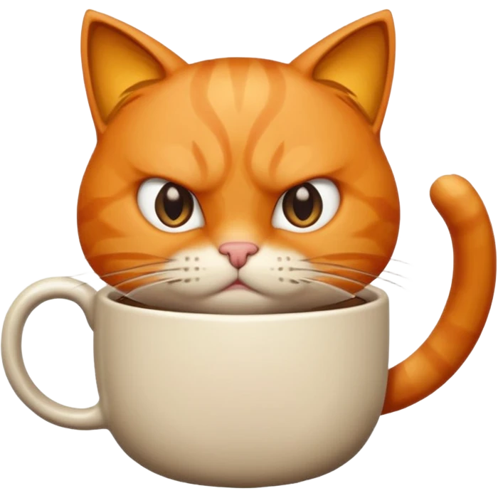 Orange cat, angry, holding coffee mug emoji
