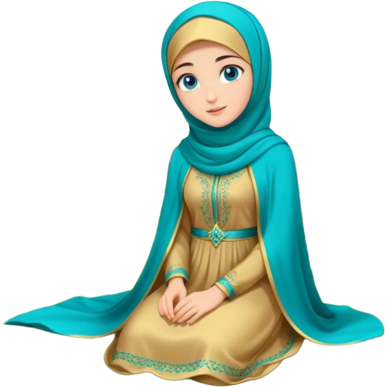 Turkish beautiful finish Konya girl blue eyes with gold hijab and islamic long tailed turquoise dress on the ground at garden and had on her hand text Eid Mubarak  emoji