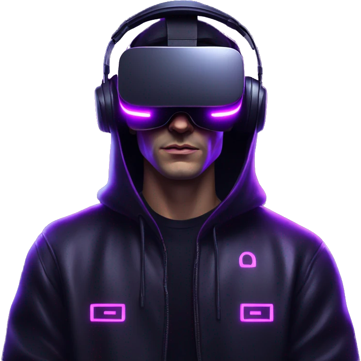 Russian man wearing a black hoodie with "OMG" letters on it and VR headset in a cyberpunk VR environment with violet neon lighting. emoji