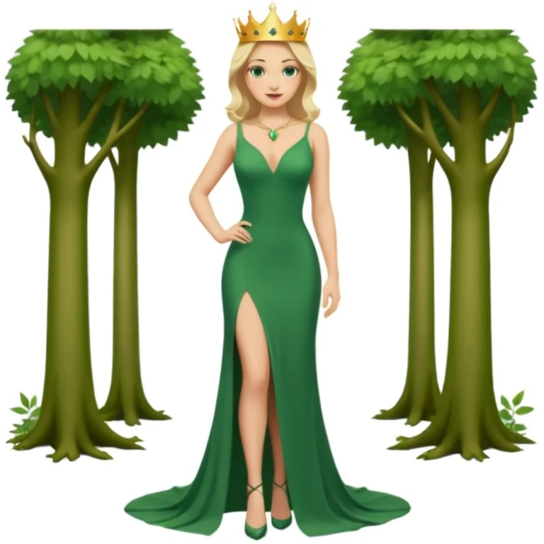 Queen, crown, blonde hair, green eyes, long green tight dress, decoltee,  Leg slit, whole Body, Background forest  emoji