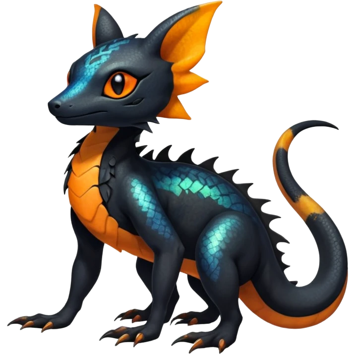 Colorful Iridescent Exotic Black and Orange Salandit-Aurorus-Umbreon-Fakémon-hybrid-creature (full body)  emoji