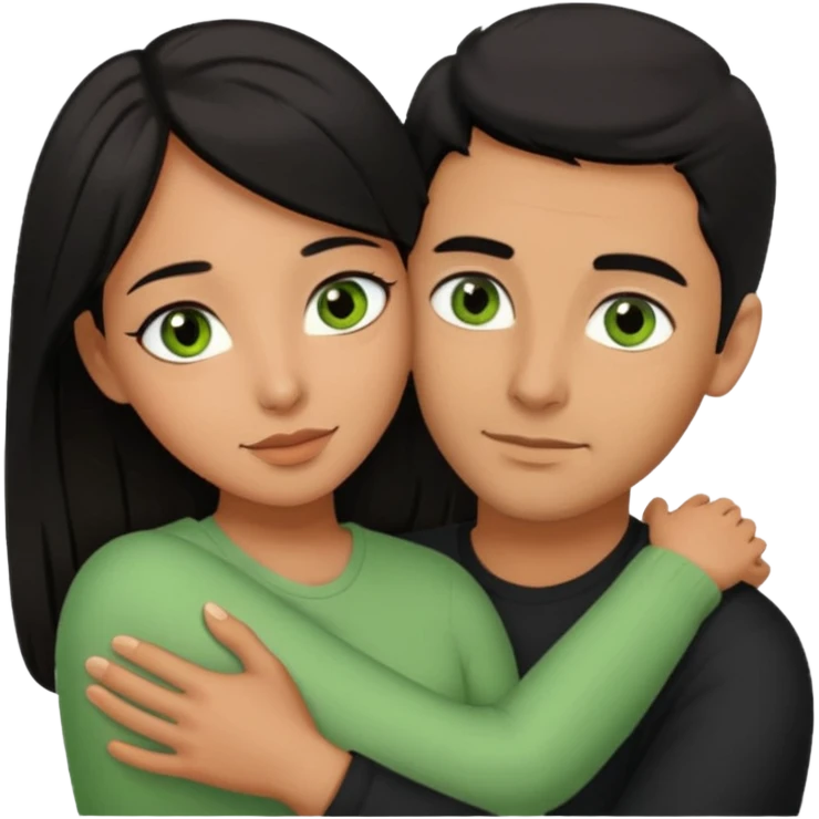 Woman  with brown eyes and black hair hugging a man with green eyes and brown hair emoji