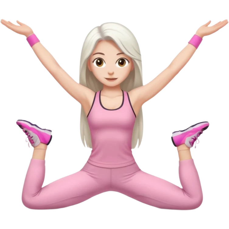 white long hair brunette girl with hazel eyes in light pink workout clothes doing the splits emoji
