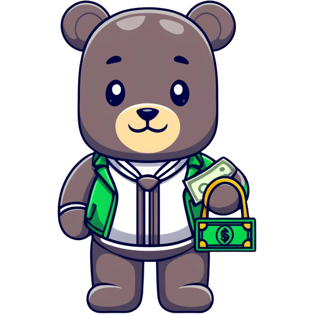 cool hustler bearbrick with money bag, luxury clothes, and bling jewelry emoji