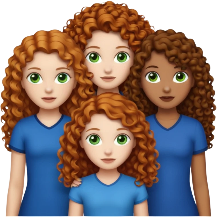 Make me 3 girls. One with medium size curly ginger hair, white skin and green eyes,  one with long curly dark brown hair with a little just a little darker skin and brown eyes,  and one with white skin and straight dark blonde hair and blue eyes  emoji