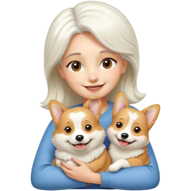 Девушка с красивыми густыми белыми волосами улыбается и обнимает свою милую собачку корги  emoji