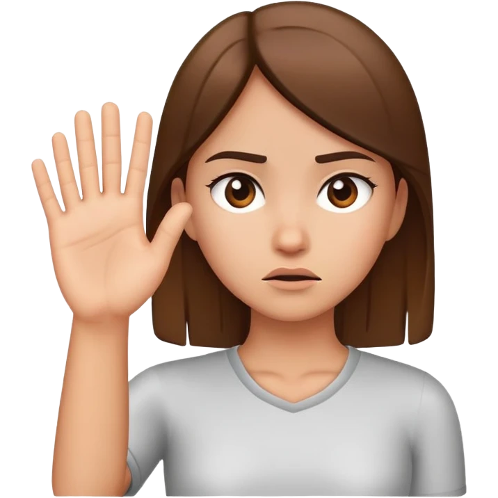 girl looking annoyed, palm raised to signal stop emoji