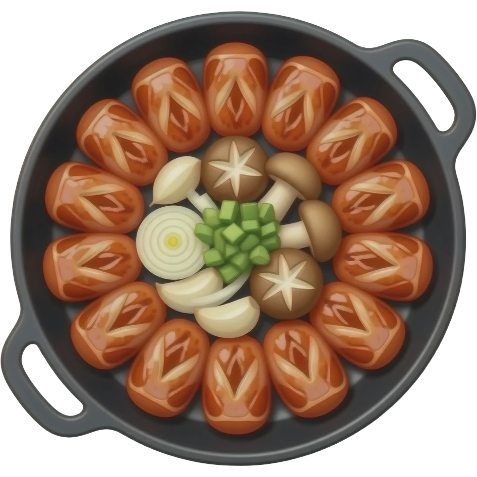 korean gopchang platter, grilled intestines arranged in a circle, garlic, king oyster mushrooms, onions, chives, glossy oil texture, black pan, top view, warm lighting, realistic food photography emoji