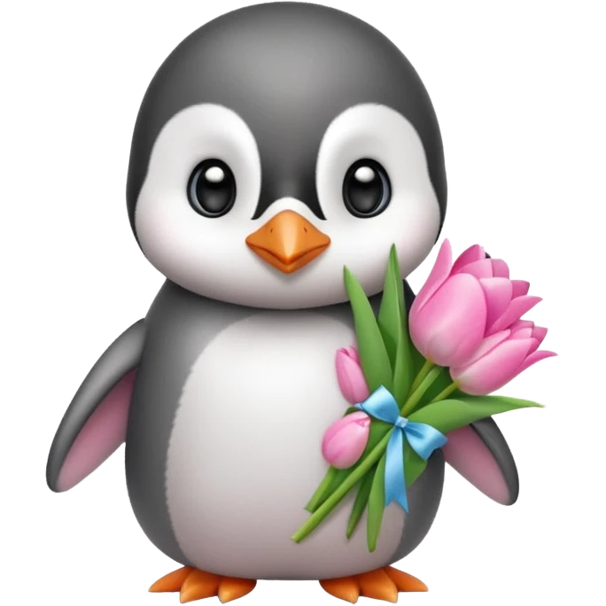Cute baby penguin holding flower bouquet wraped in white paper and all flowers tulips in pink colour emoji