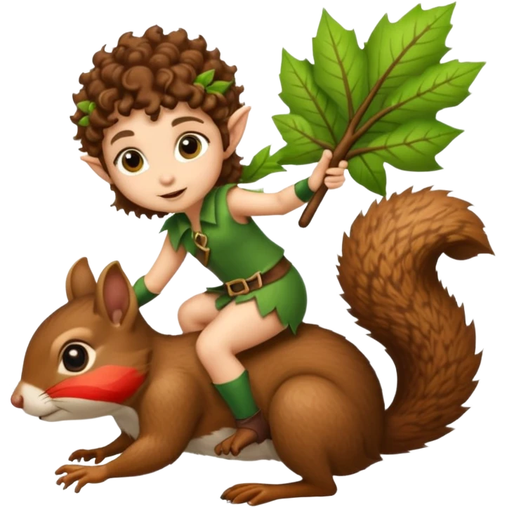 tiny forest elf short tight curly brown hair riding squirrel emoji
