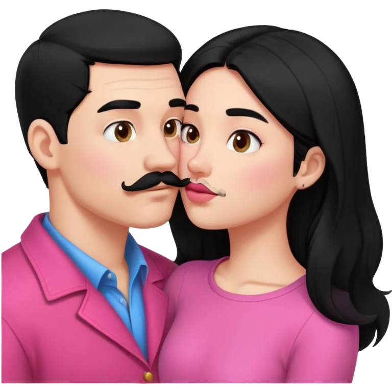 White couple kissing, boy with a mustache and black hair, the girl with long black hair in pink clothes emoji