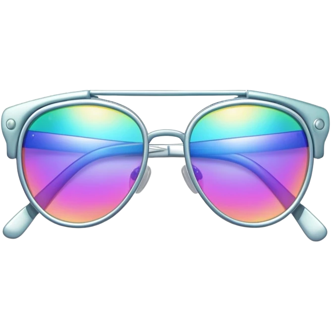 Colorful Y2K glasses with metallic frame, iridescent lenses, futuristic 2000s style sunglasses with digital vibes emoji