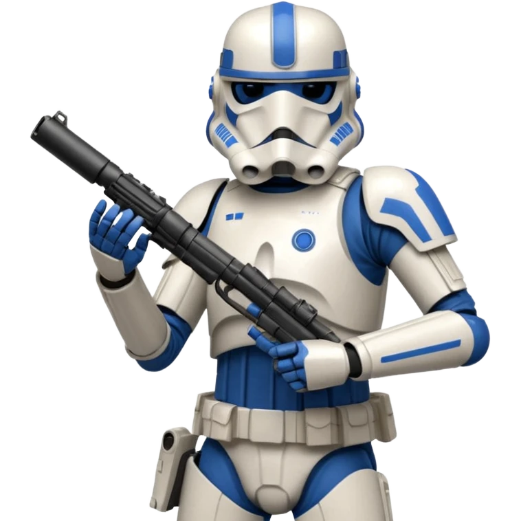 A starwars 501st clonetrooper with rally makes on the helmet holding his blaster in his left hand aiming the gun up with elbow bent so it’s not above the head emoji