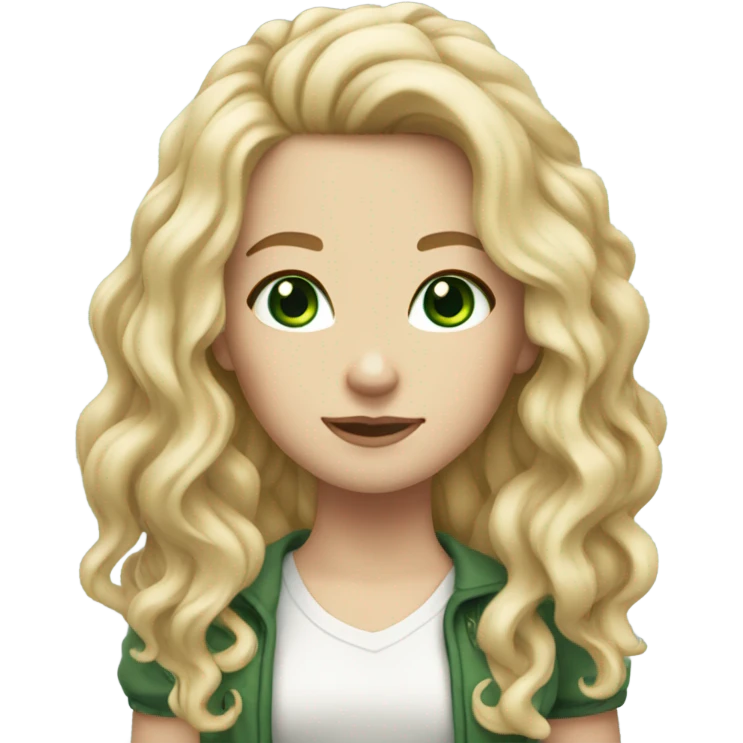 a white girl with long curly blonde hair, green eyes, skinny and with cute clothes emoji