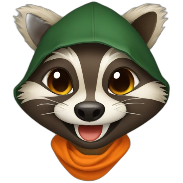 brown raccoon with orange eyes and a dark green hood that is laughing emoji