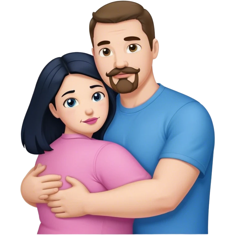 Tall strong white man with brown mustache goatee wearing blue hugging a chubby short pale woman with long black hair wearing pink emoji
