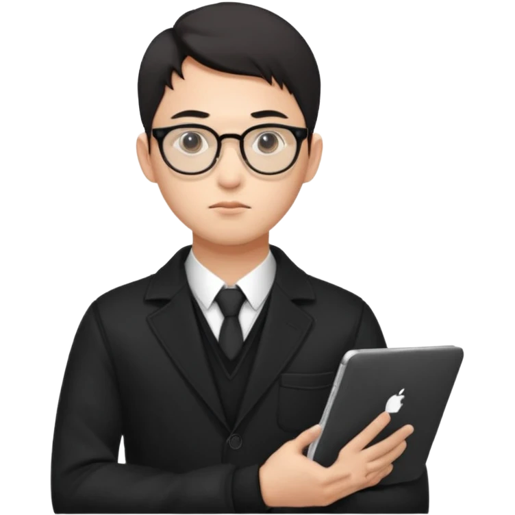a asia white man guy his 26olds wearing an apple notebook, wearing bodyguard radio operator, round glasses, black clothes emoji