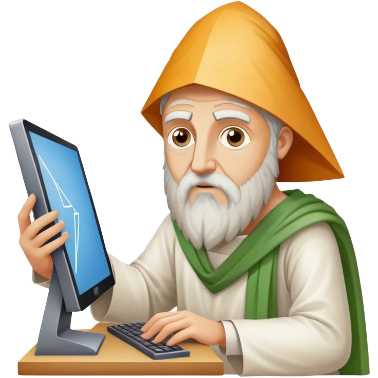 Pythagoras as a philosopher solving problems on a computer holding a triangle for the Pythagorean theorem emoji