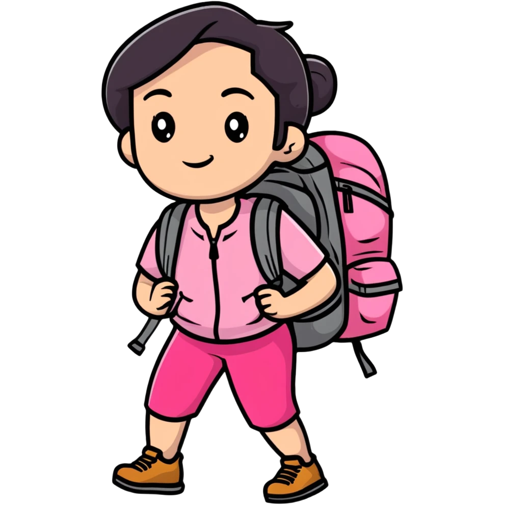 woman wearing pink clothes with hiking backpack emoji