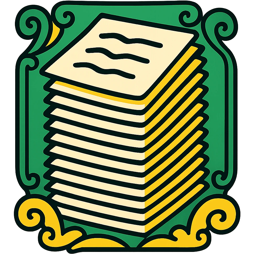 Make the stack of papers taller with a classic look. Use a green, gold, and white color scheme. Include elegant lines and decorative details, with no background. emoji
