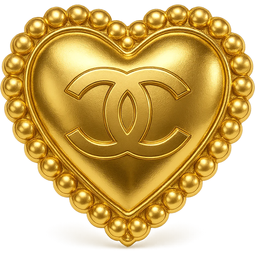 Chanel heart in metallic gold style with a pearl border and interlocking C's, elegant and classic emoji