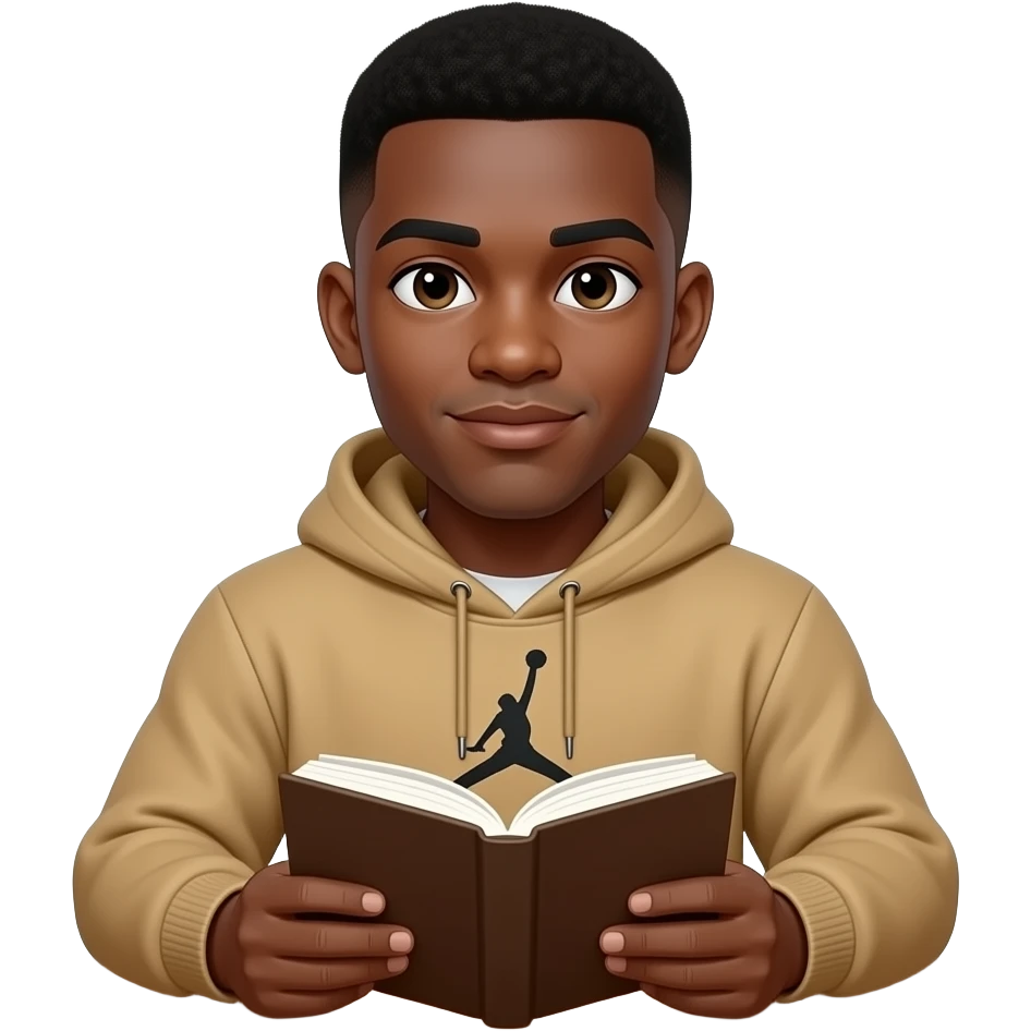 make me a 22 year old black skin colored man with a thick brown low taper fade with a jordan tan hoodie and he has a book infront of him looking at me sitting at a table and i can only see his higher half emoji