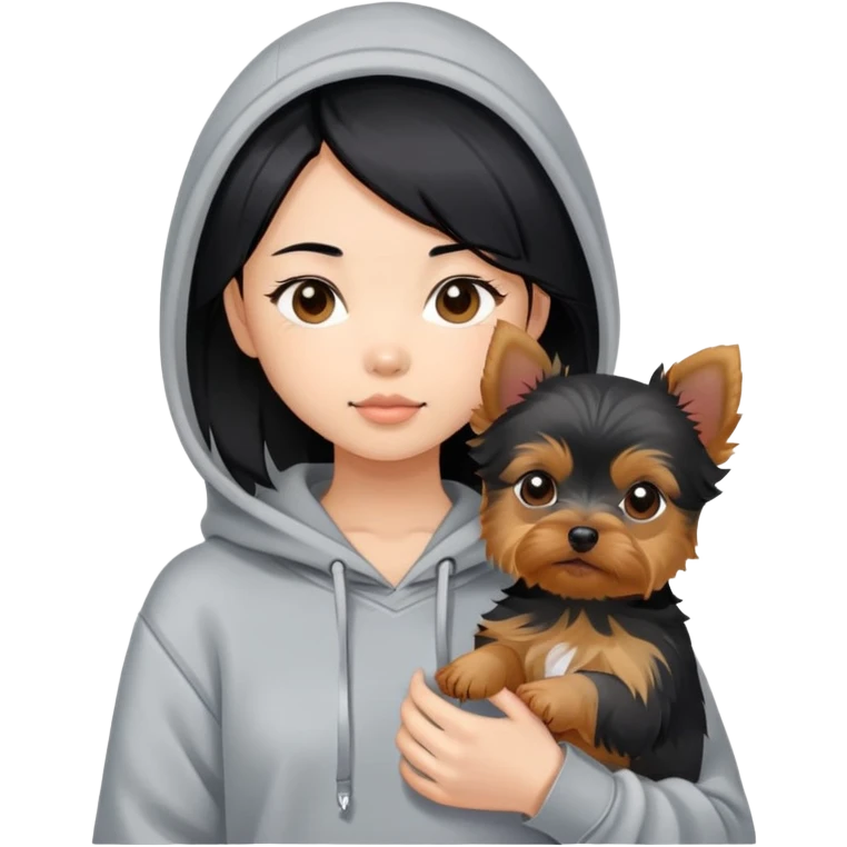 a black-haired Chinese girl in a gey hoodie with a yorkie puppy emoji