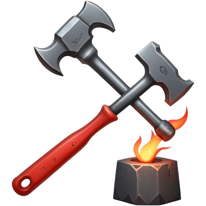 Blacksmithing icon, forged metal piece being shaped with hammer and anvil, glowing red-hot metal, blacksmith tools like tongs and chisel, sparks flying, minimalistic style, clean lines, transparent background. emoji