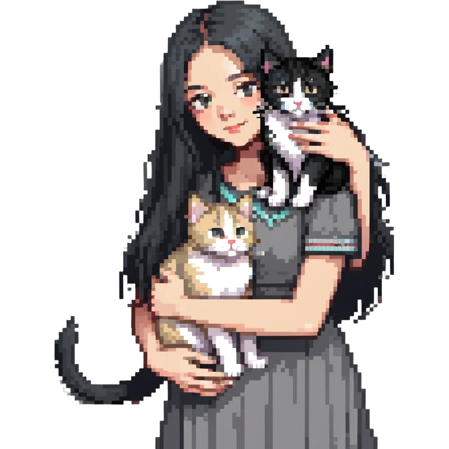 Beautiful girl with long black hair petting a gray and blonde mixed cat emoji