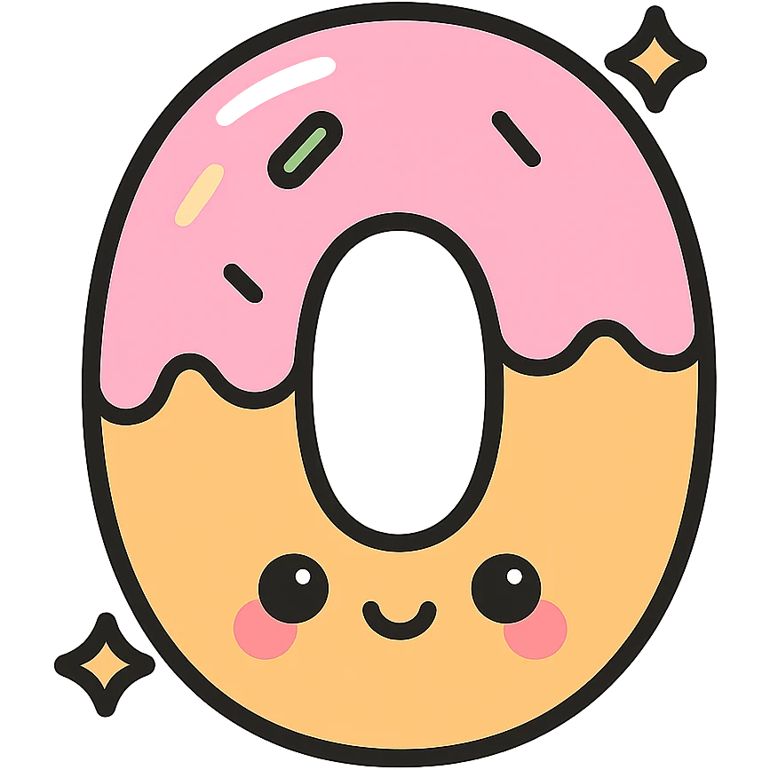 Cute kawaii number 0 shaped like a donut with pastel pink frosting, sparkles, and a blushing cute face on white background emoji
