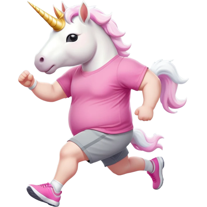 friendly anthropomorphised male white unicorn with an extra chunky, very strong and stocky build, arms and legs matching the white of the head, in grey shorts and pink t-shirt, wearing dark sunglasses, jogging upright in a relaxed pose emoji