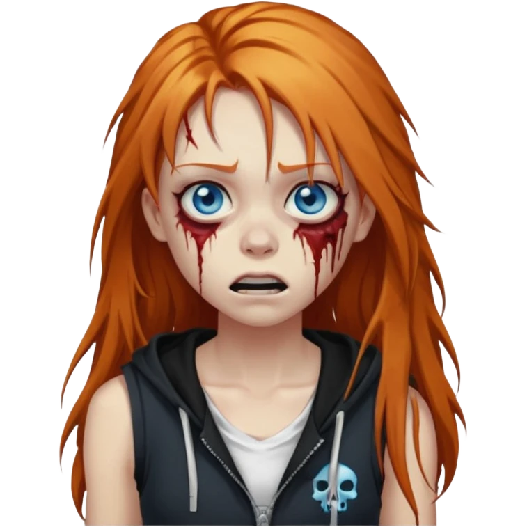 сделай рыжую девушку зомби с избитым лицом, не в полный рост, пусть ее рыжие волосы будут ниже груди с осветленными прядями, глаза у нее будут голубые, а одета она будет в дранную белую майку и черную зип худи emoji