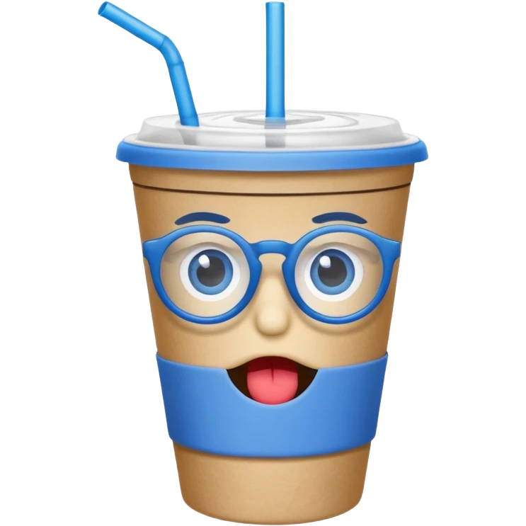 drink in a paper cup and straw, the cup has eyes and mouth and glassess emoji