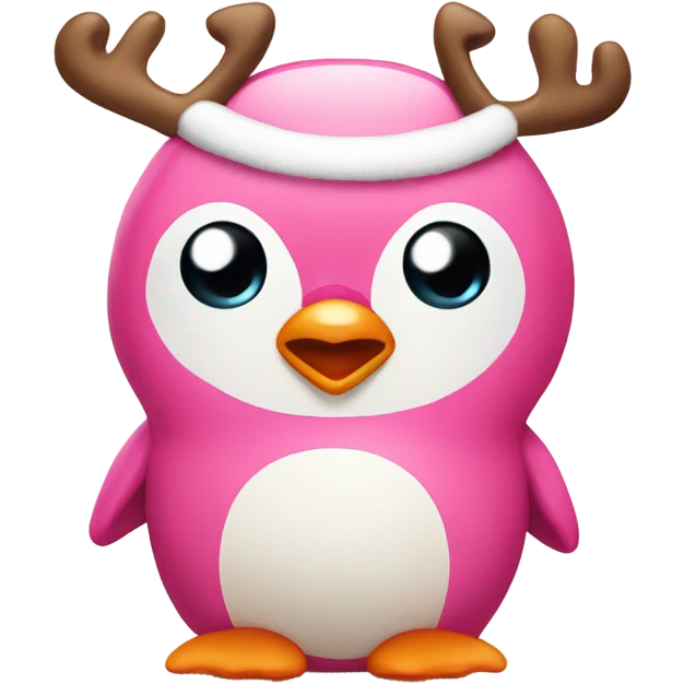 Cute pink penguin with reindeer antlers emoji