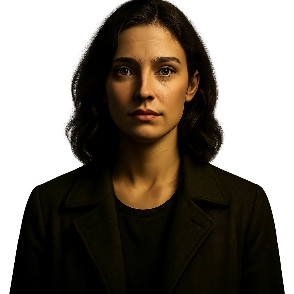 Centered portrait of the same woman with a serene expression, transparent background, in the style of a Netflix series poster, cinematic and dramatic lighting, realistic and detailed. emoji