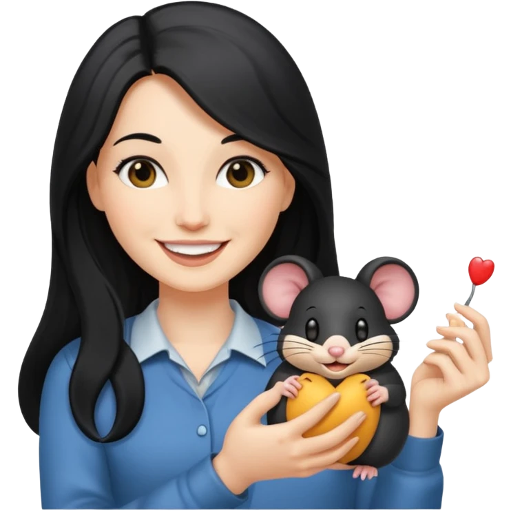 white woman with long black hair, smiling with mouse emoji