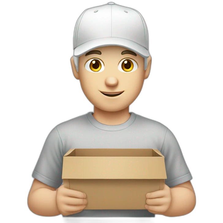 Pale skinned Man in a white cap and gray T-shirt with a box into his hands emoji