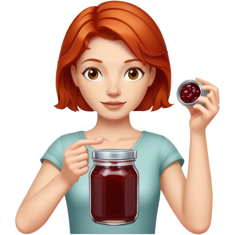 redhead woman showing a glass jar with jam at arms length, closeup emoji