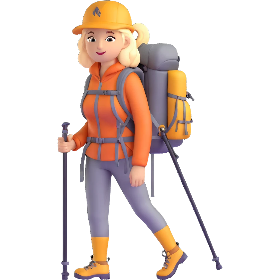 woman mountain climbing, female mountaineer with backpack and hiking poles emoji