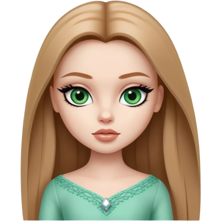 pretty bratz girl, long straight light brown hair, jade green eyes, black eyeliner, pale skin emoji