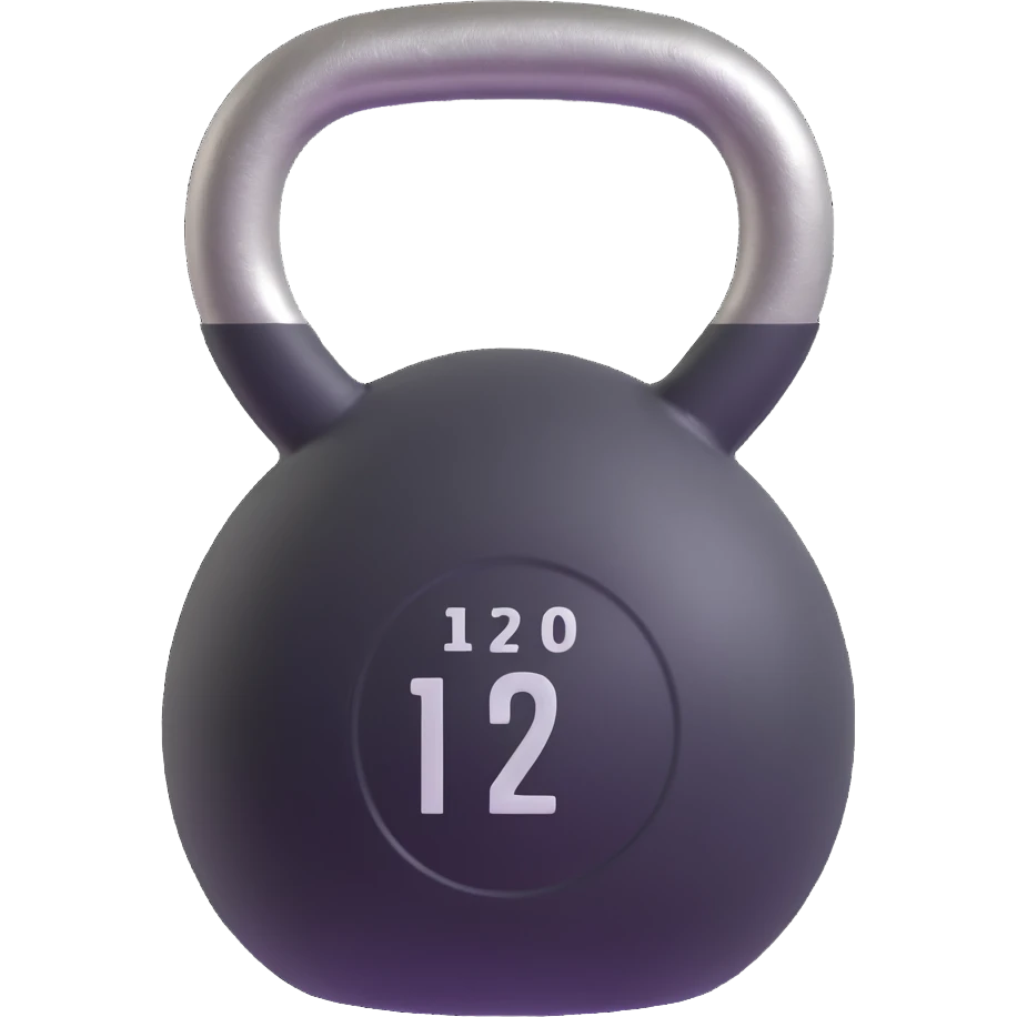 Heavy kettlebell with the inscription 120, floating in the air, with prominent details emoji