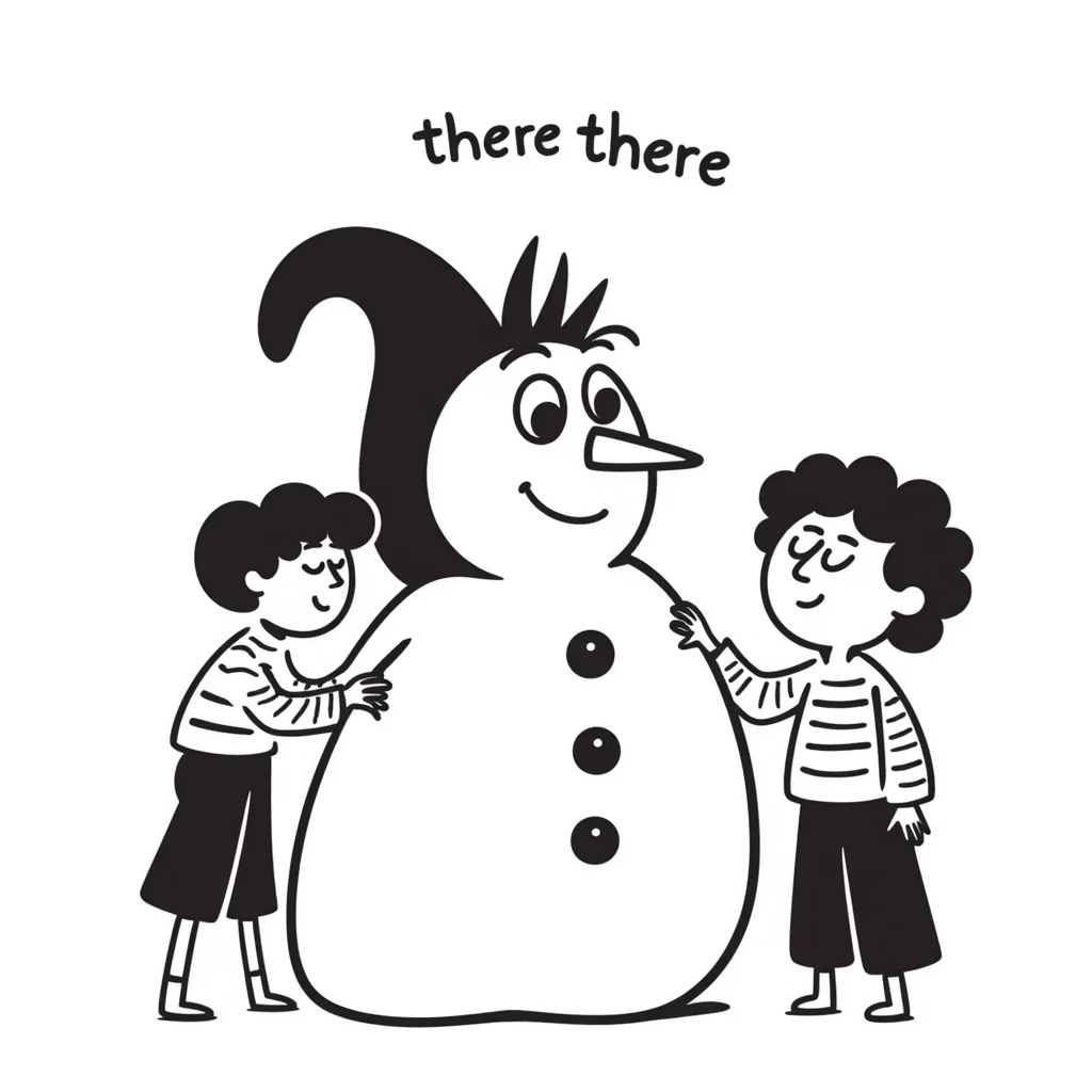 abominable snowman comforting a child, with the words 'there there', clear and expressive, suitable for YouTube emoji