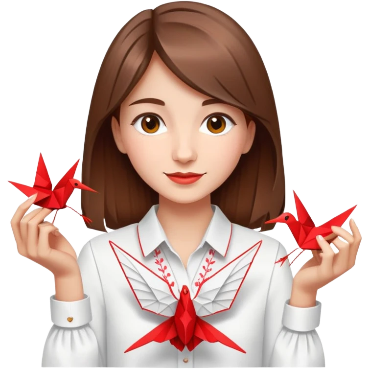 A happy Ukrainian young girl with brown hair in a white embroidered shirt makes an origami red crane craft emoji