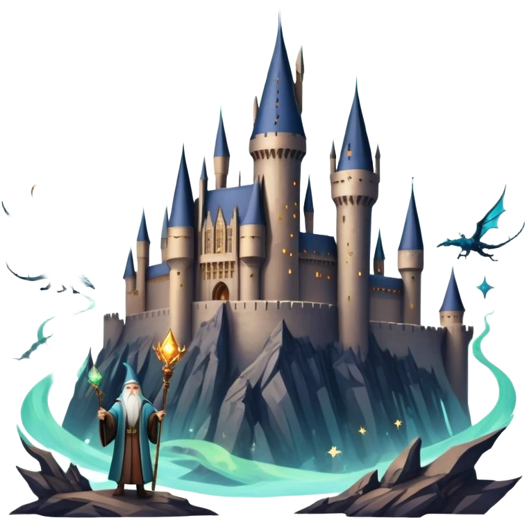 Icon for Fantasy and Sci-Fi Movies: A magical collage with flying dragons and futuristic spaceships. Stars and planets shimmer in the background with a mystical castle Hogvards and an ancient wizard holding a staff. The atmosphere is epic, otherworldly and adventurous. Transparent background. emoji
