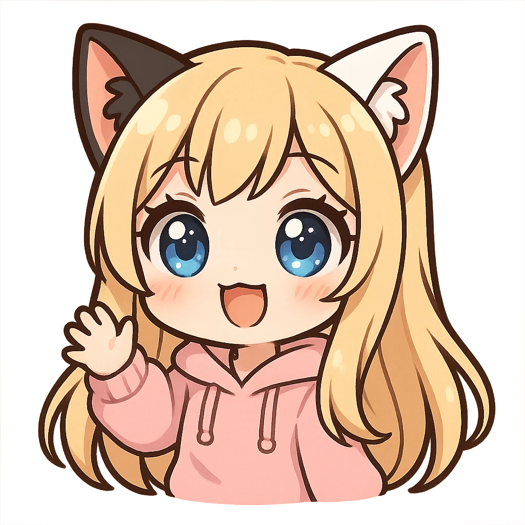 extra cute, extra chibi anime catgirl Twitch emote, one black cat ear and one white cat ear, blonde extremely long hair, blue eyes, white skin, pastel pink hoodie, waving, no background emoji