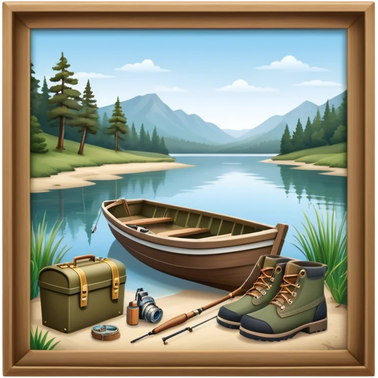 Icon for Fishing: a boat on the shore of a peaceful water body with a beautiful natural landscape, a fishing tackle box, a spinning rod, and boots nearby. The icon should capture the tranquility and gear of a fishing adventure. Transparent background. emoji
