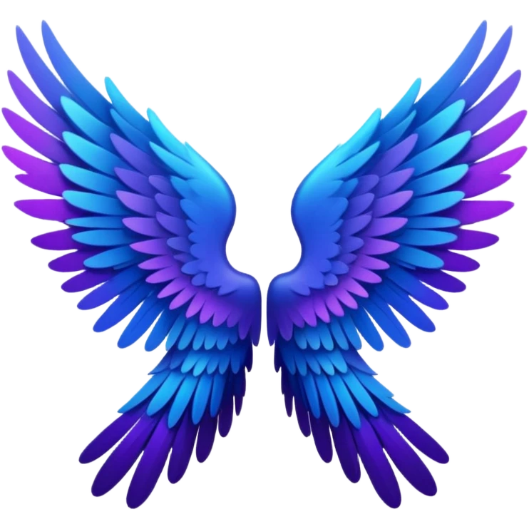 crystal angel wings, mostly black feathers, fading into purple and blue at the very tips, emoji style emoji
