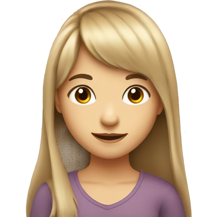 smiling girl with long hair and bangs. Full round face with big cheeks and small hazel eyes emoji