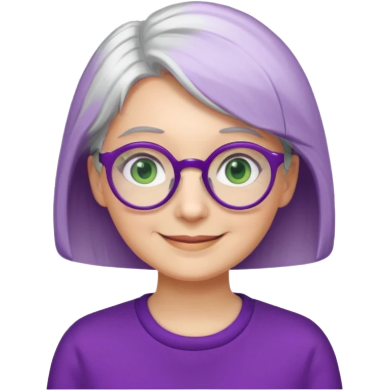 visage femme a lunettes ronde avec cheveux courts gris-blancs aux yeux verts qui souris habillé en violet emoji