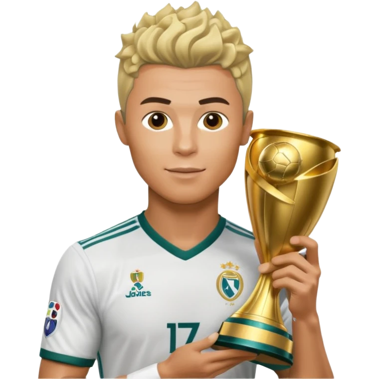 Cristiano Ronaldo holfing the champions league with noodle hair a bit longer noodle hair with a bit of blonde highlights and tge hair xoming down a bit just a bit of blonde not completely emoji